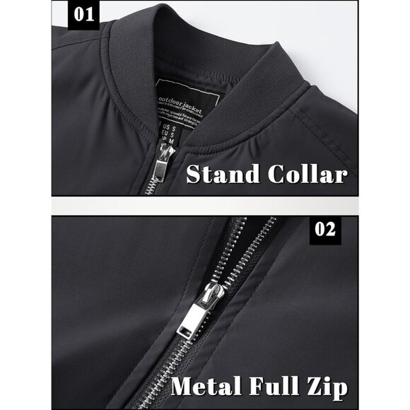 Men's Black Bomber Jacket with Zip-Up Front and Utility Sleeve Pocket - Picture 5 of 7